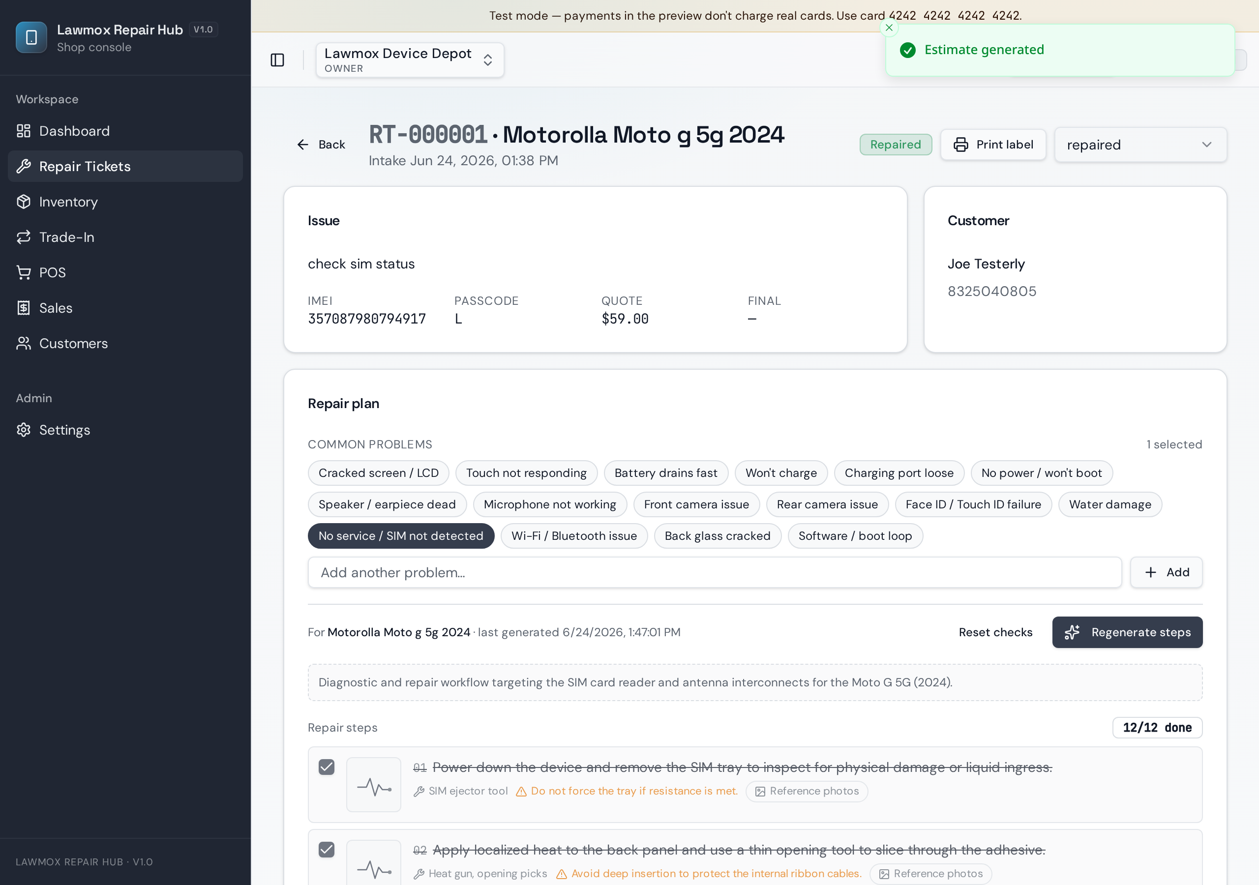 Repair ticket detail with AI-generated repair plan and step checklist