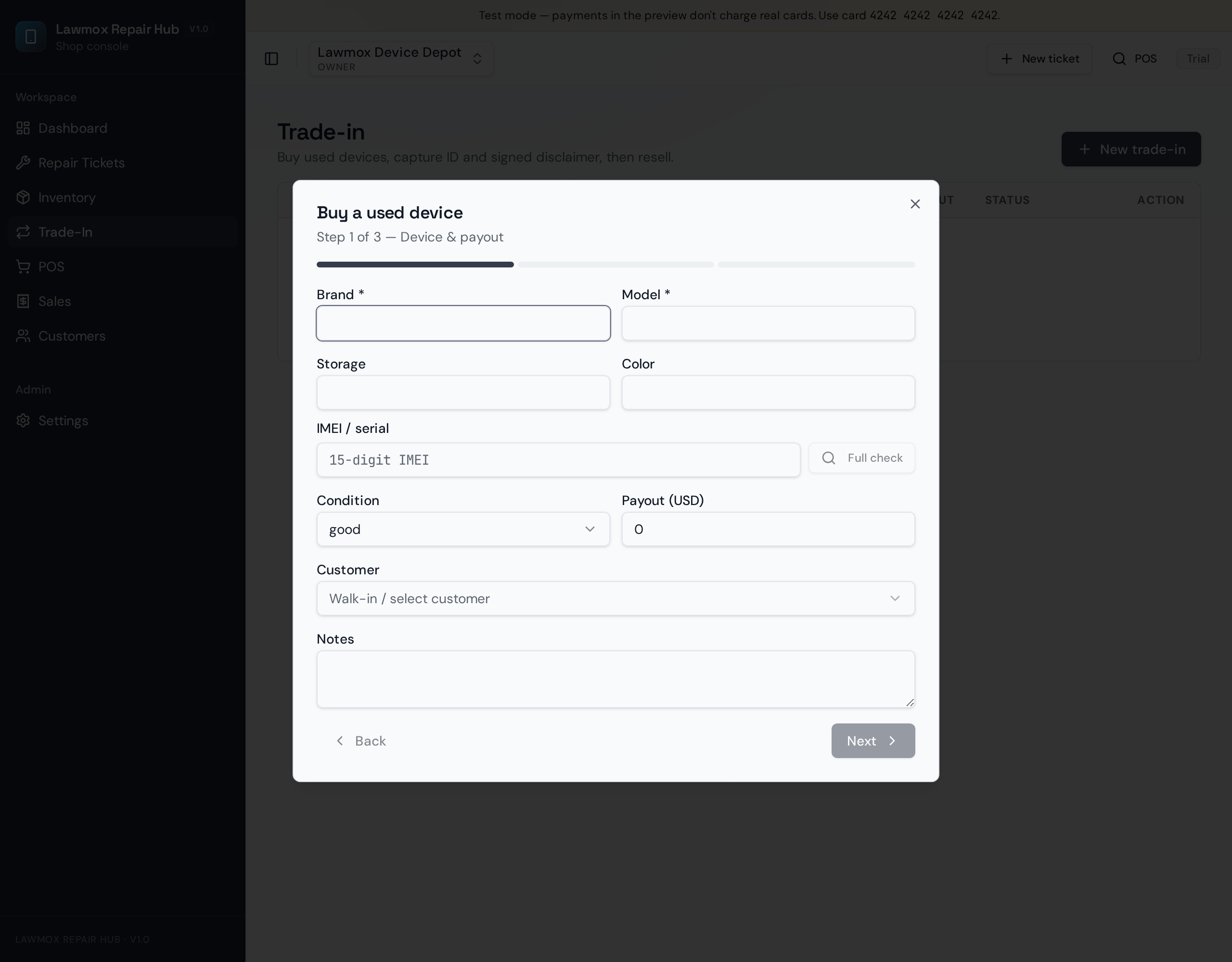 Three-step trade-in wizard: device and payout, ID and disclaimer, refurb tracking