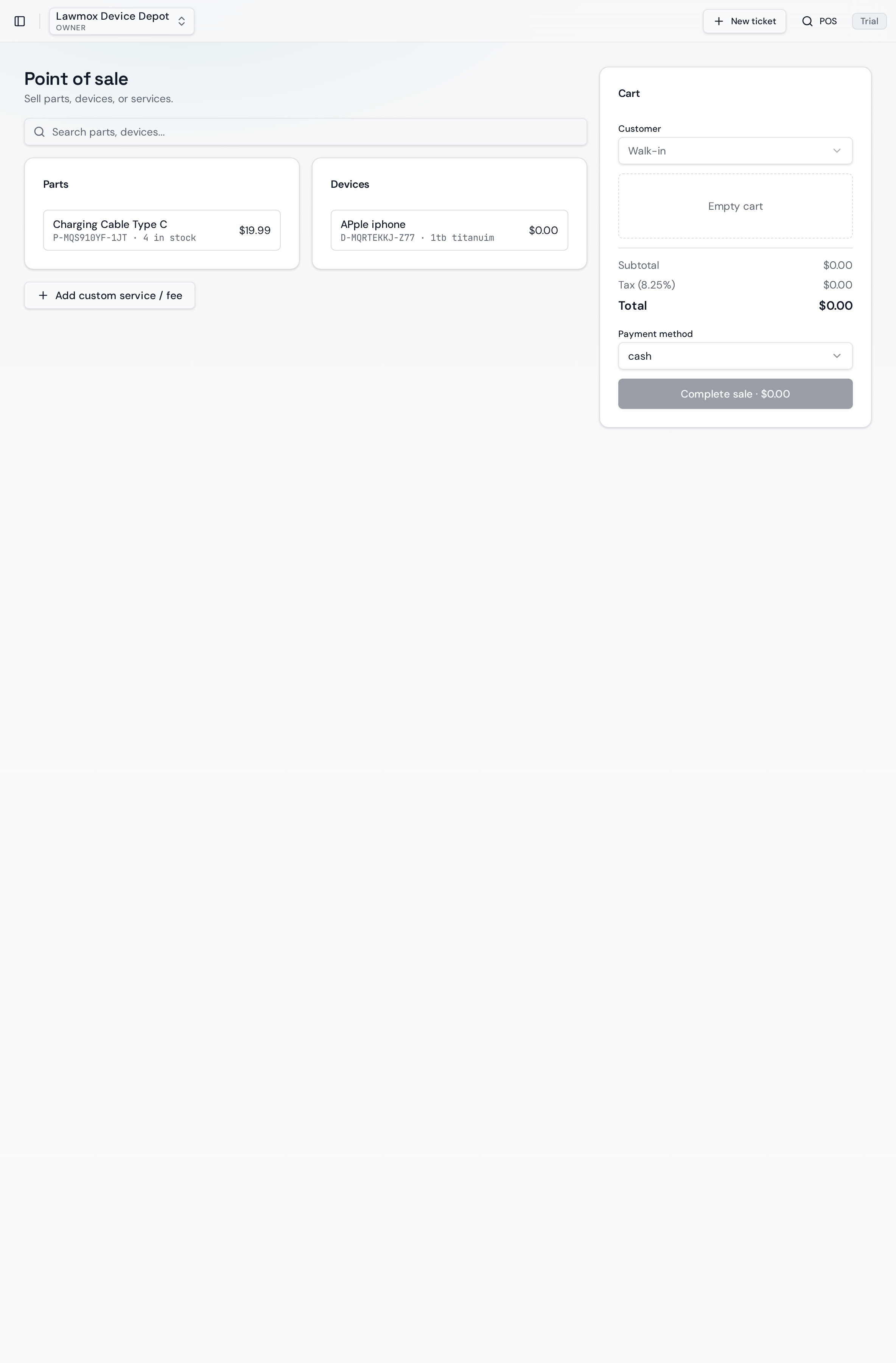 Point-of-sale workspace showing cart items, totals, and payment options