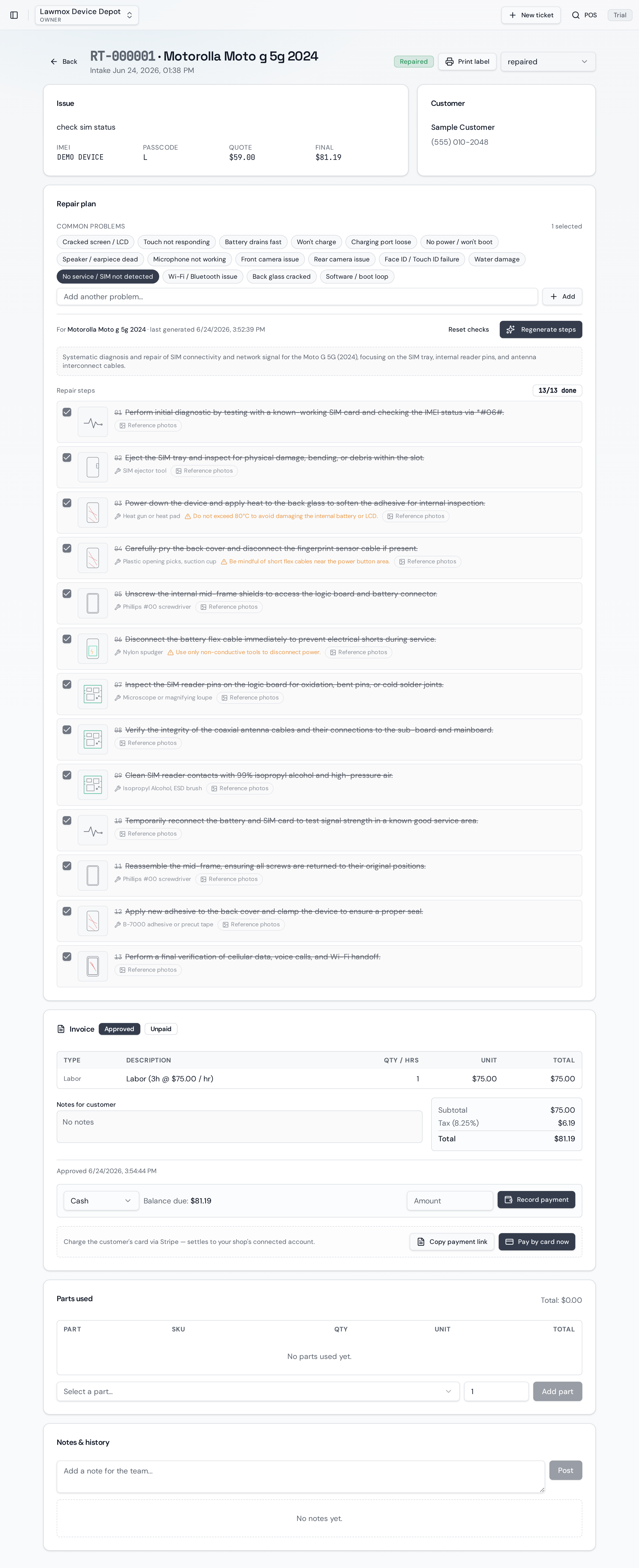 Repair ticket detail with device, customer, and repair-plan information